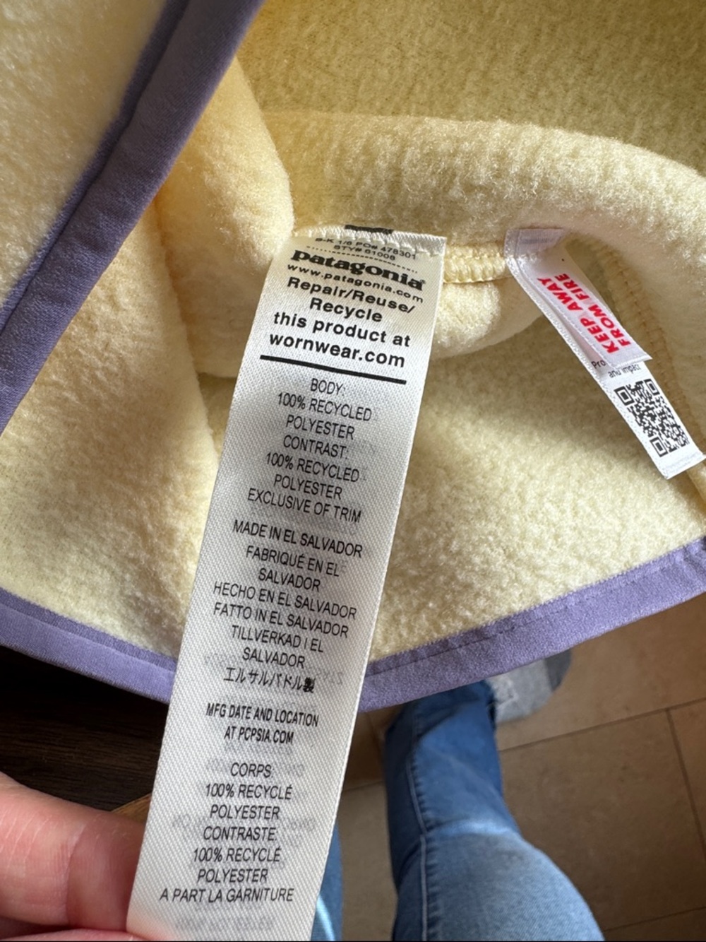 Patagonia Kids Cream Fleece Vest with Blue Pocket and Lavender Trim - Picture 4 of 4